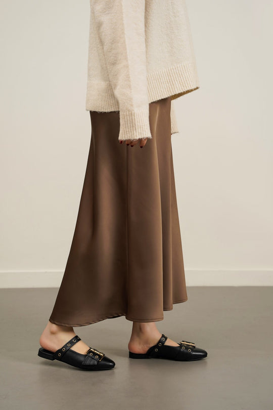 TAUPE SATIN LONG SKIRT