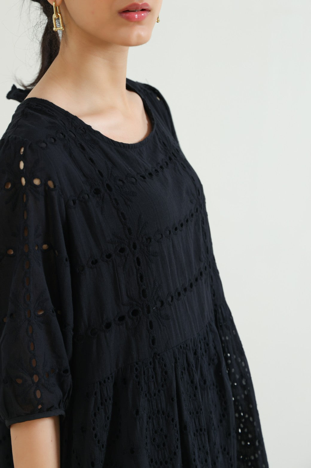 BLACK EMBROIDERED TIER DRESS