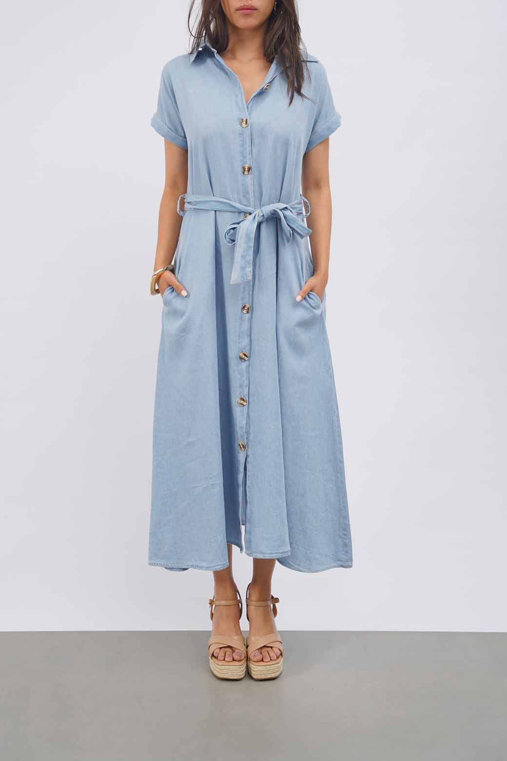 LIGHT BLUE DENIM MIDI DRESS
