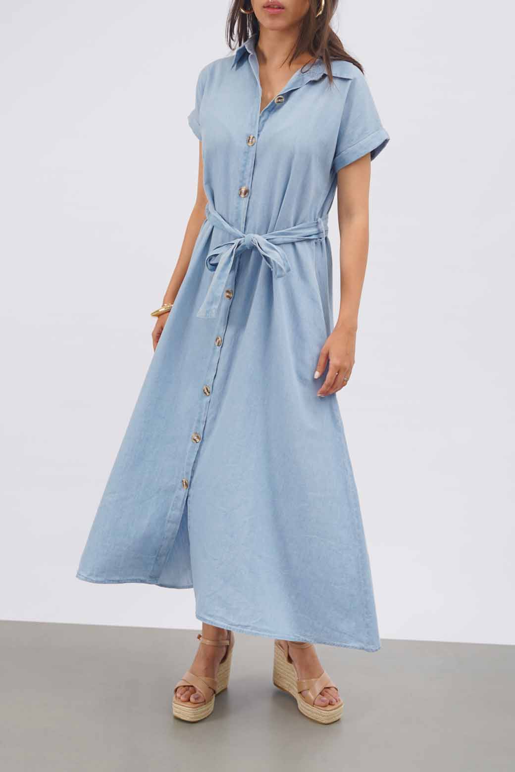 LIGHT BLUE DENIM MIDI DRESS