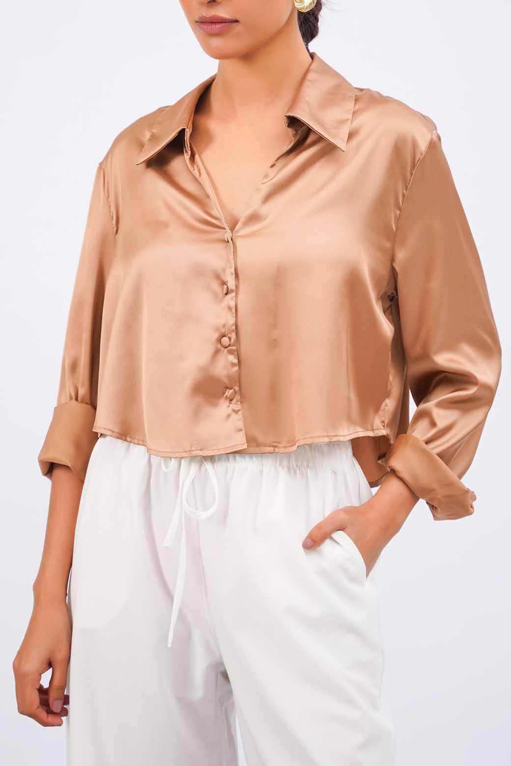 KHAKI CROPPED SILK SHIRT