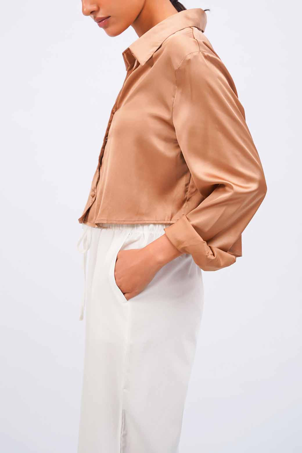KHAKI CROPPED SILK SHIRT