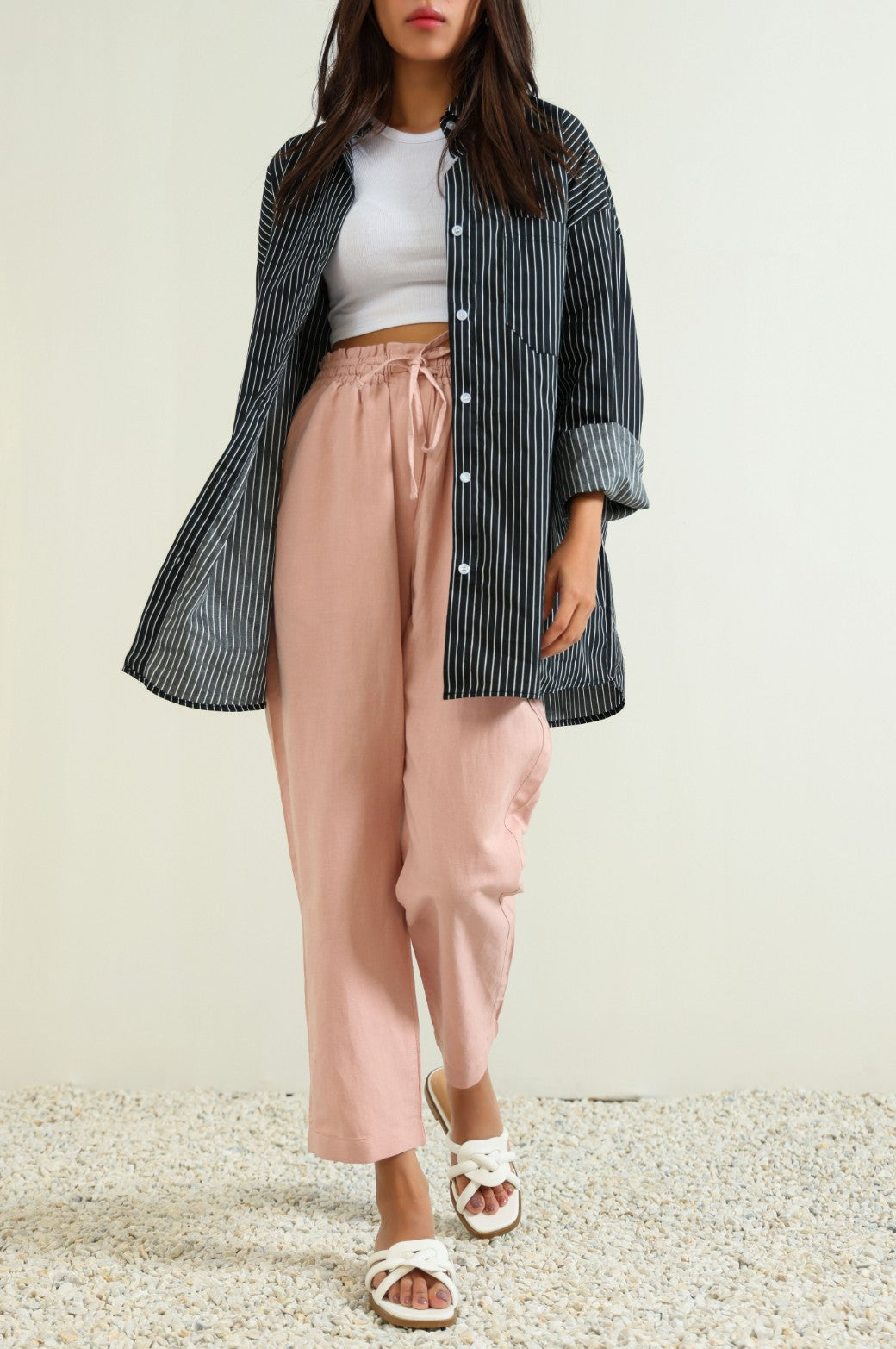BLACK OVERSIZED STRIPED BUTTON DOWN