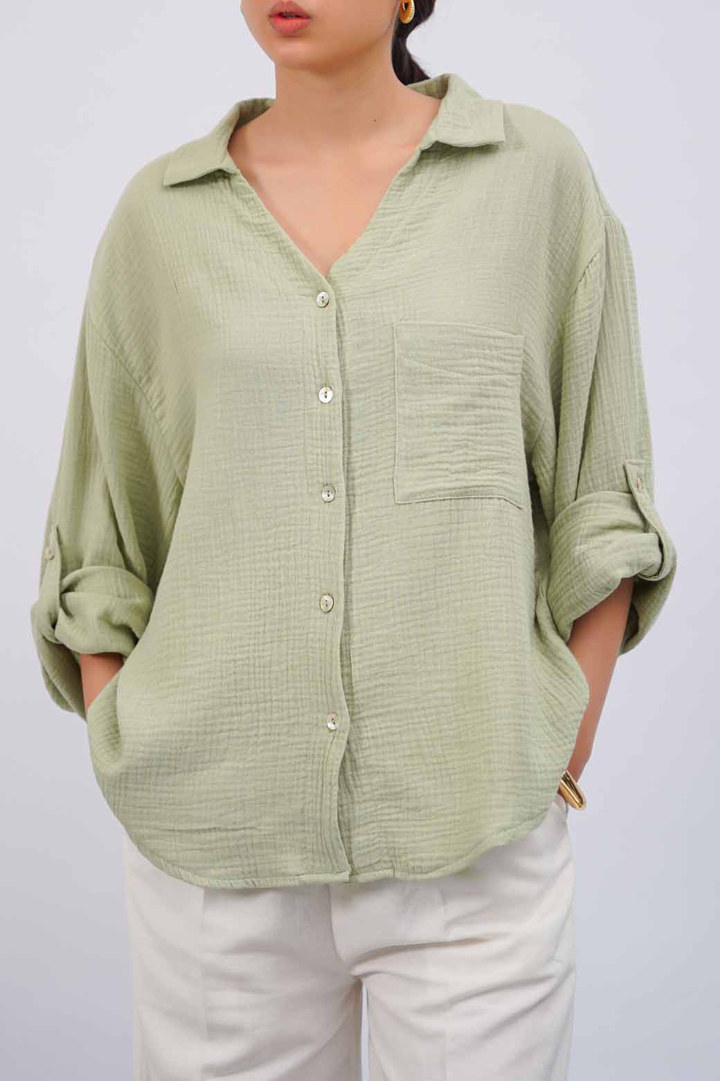 GREEN BASIC MUSLIN BUTTON DOWN
