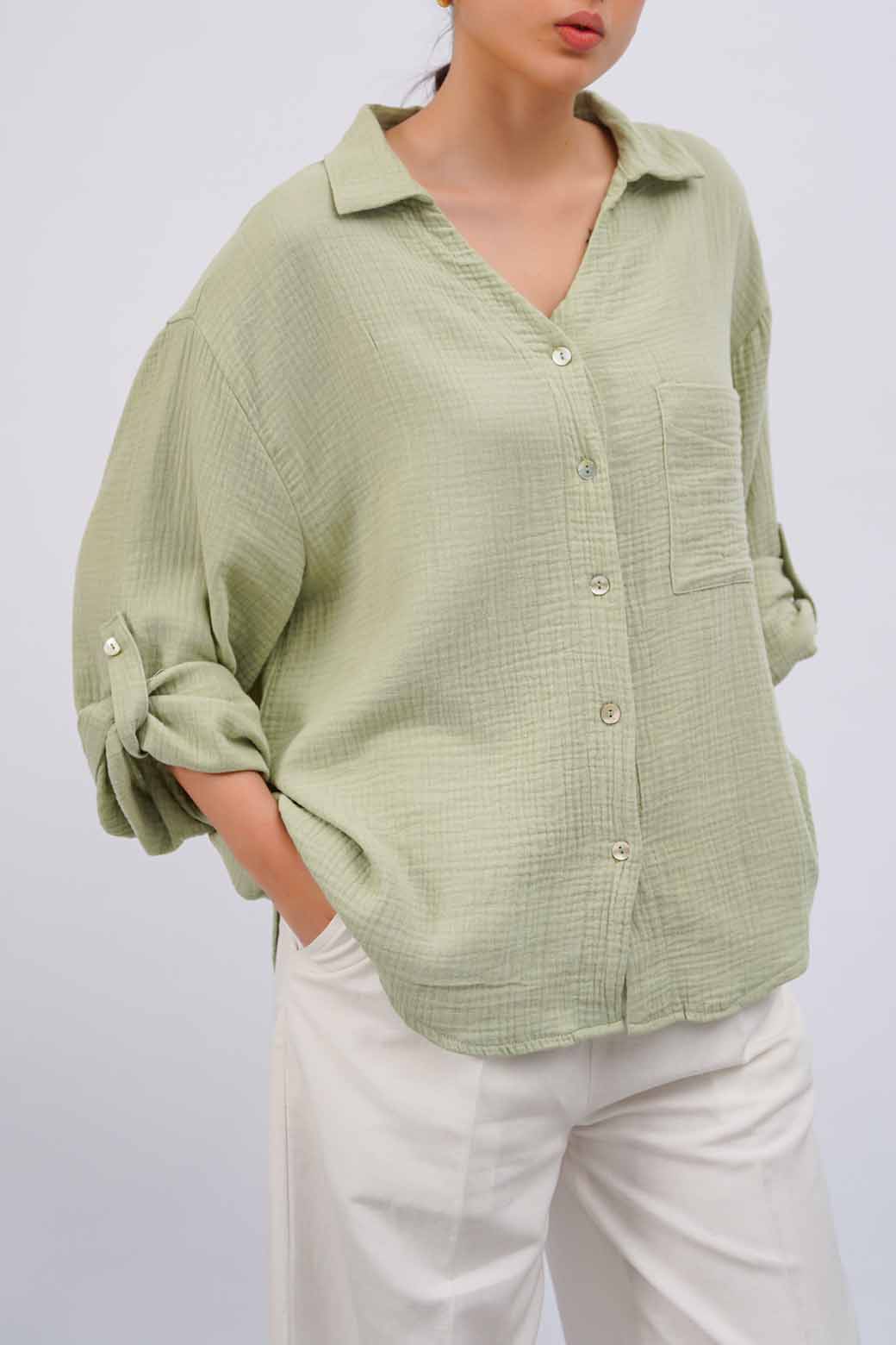 GREEN BASIC MUSLIN BUTTON DOWN