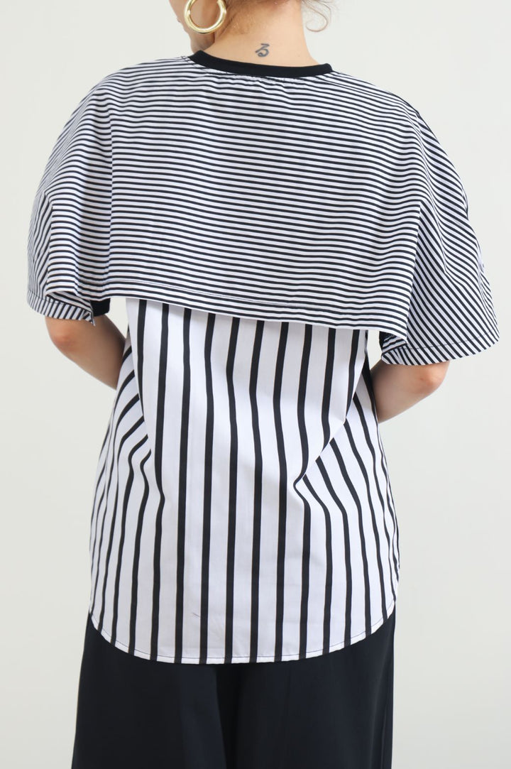 BLACK ASYMMETRICAL STRIPED TEE