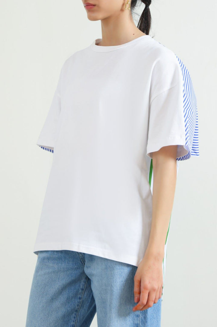 WHITE ASYMMETRICAL STRIPED TEE