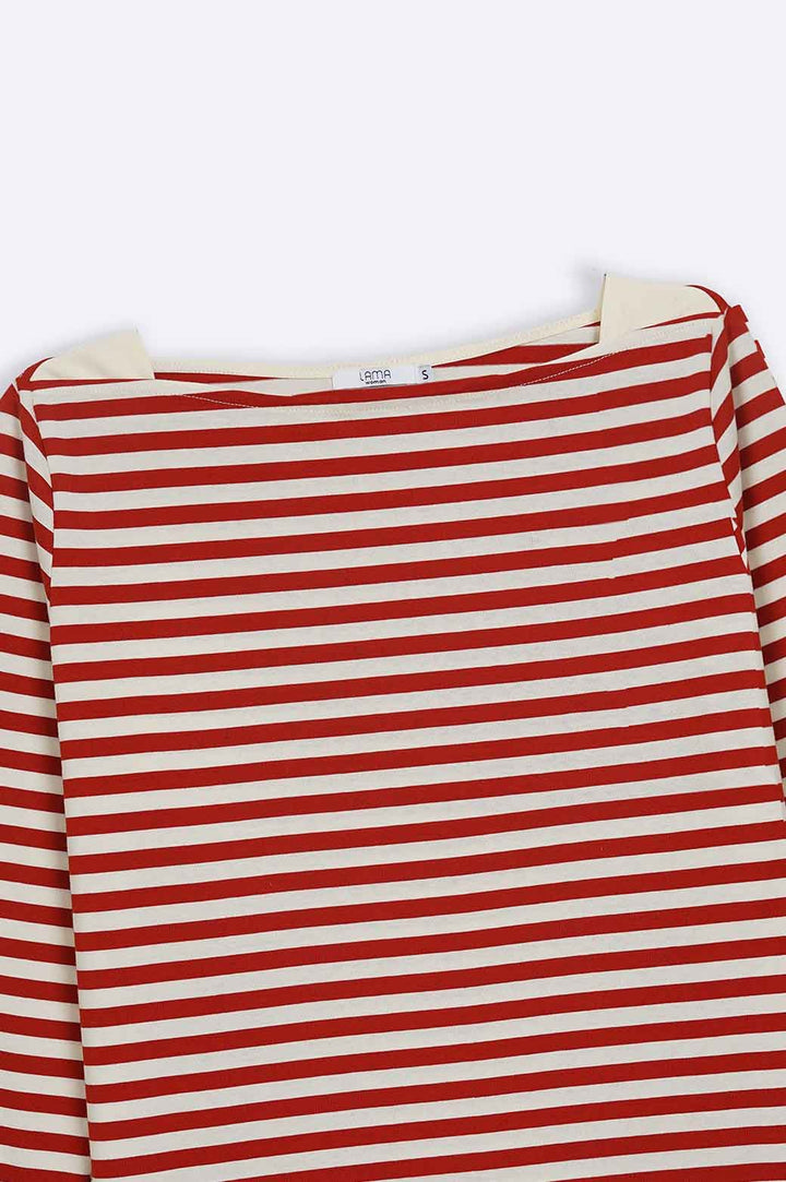 CREAM WIDE-NECK STRIPED TEE