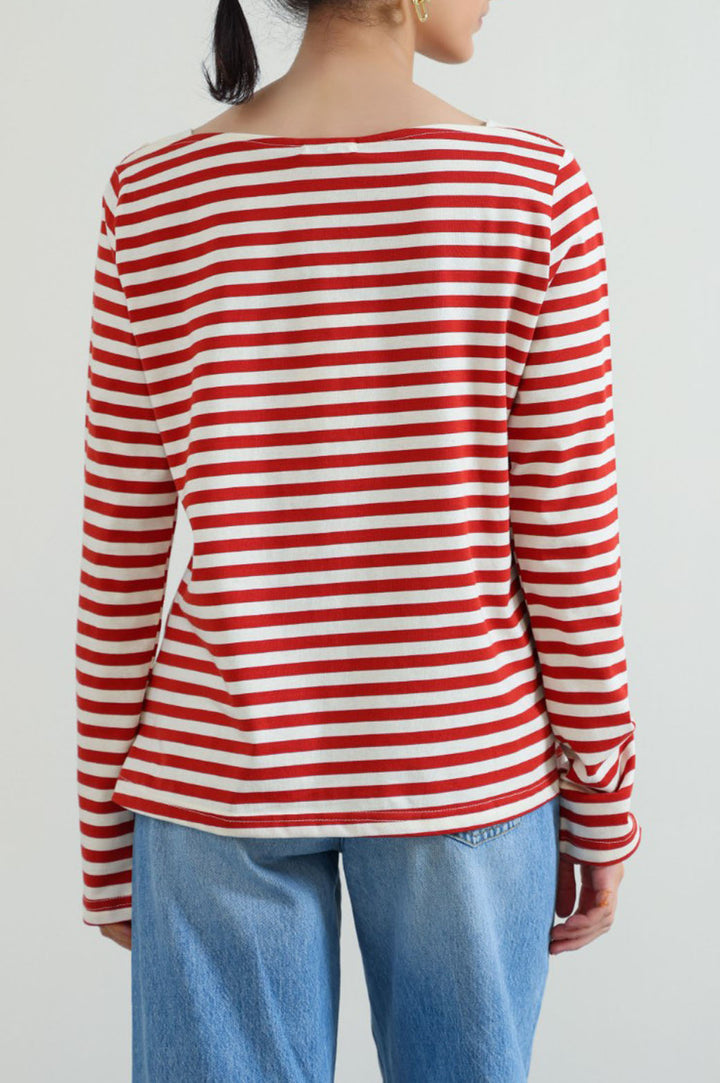 CREAM WIDE-NECK STRIPED TEE