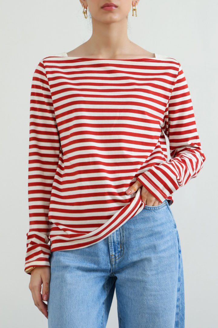 CREAM WIDE-NECK STRIPED TEE