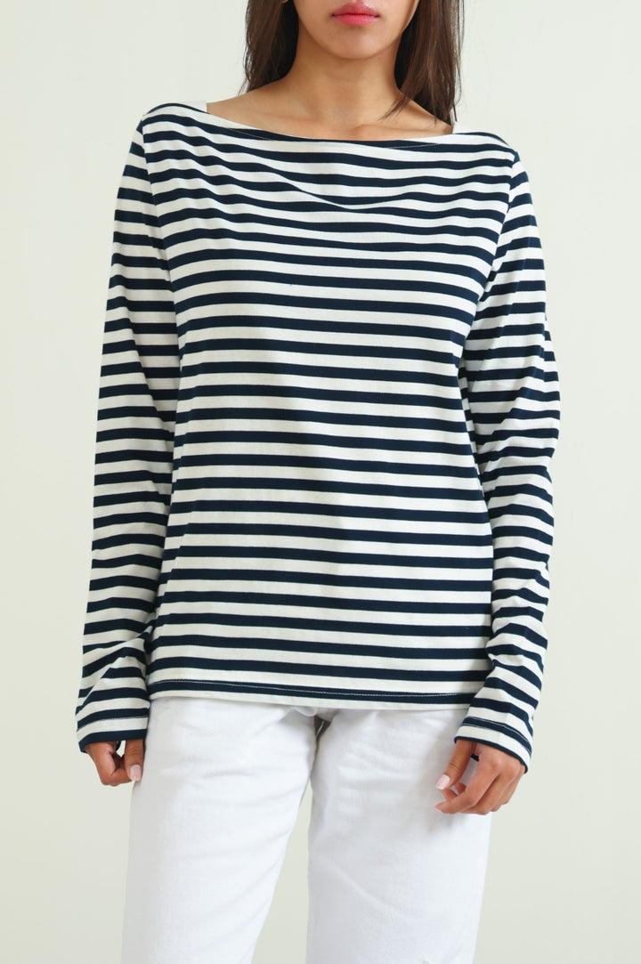 WHITE WIDE-NECK STRIPED TEE