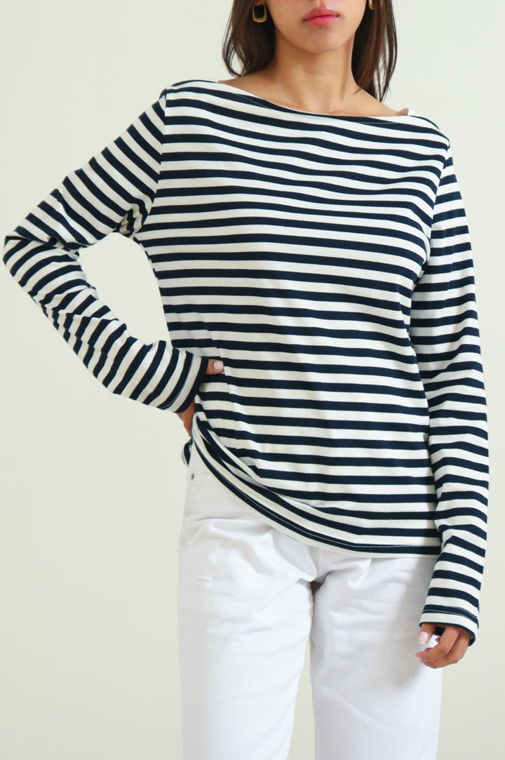 WHITE WIDE-NECK STRIPED TEE