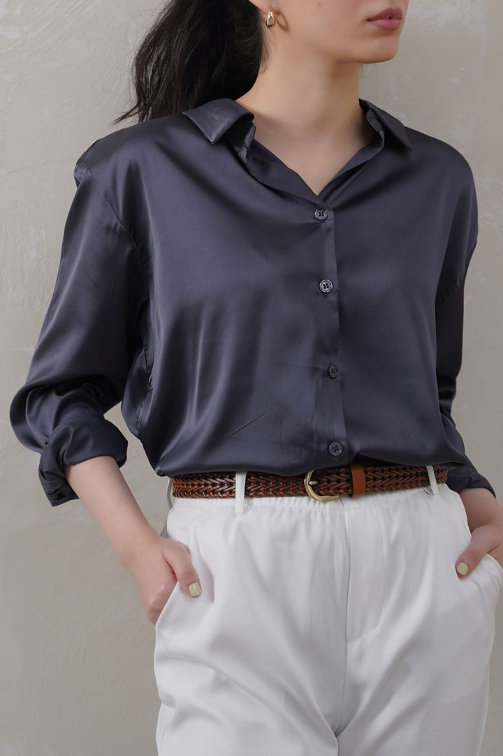 NAVY BASIC SILK SHIRT