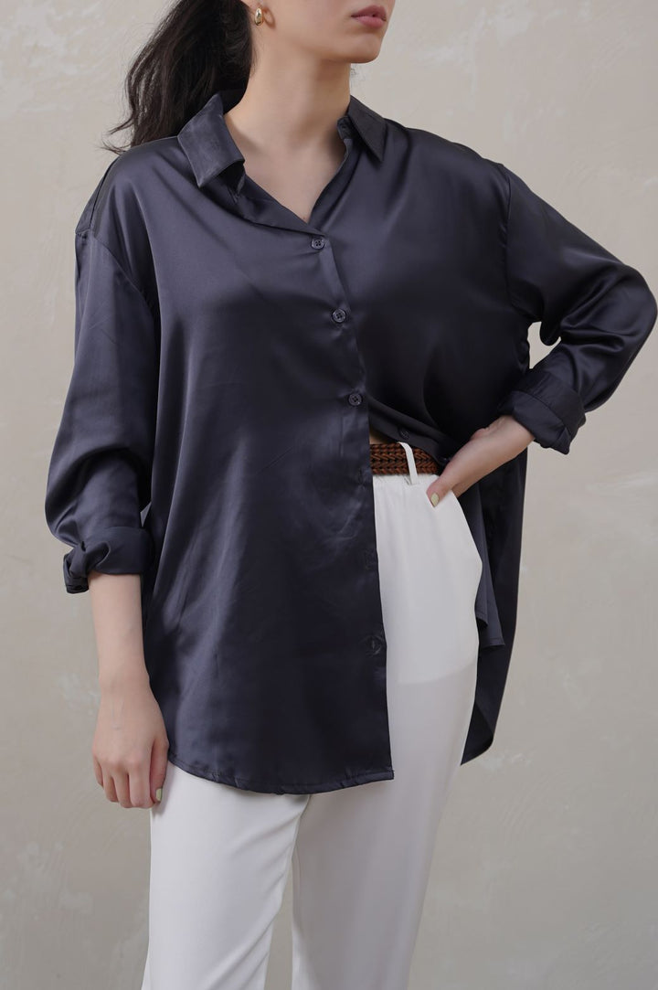 NAVY BASIC SILK SHIRT