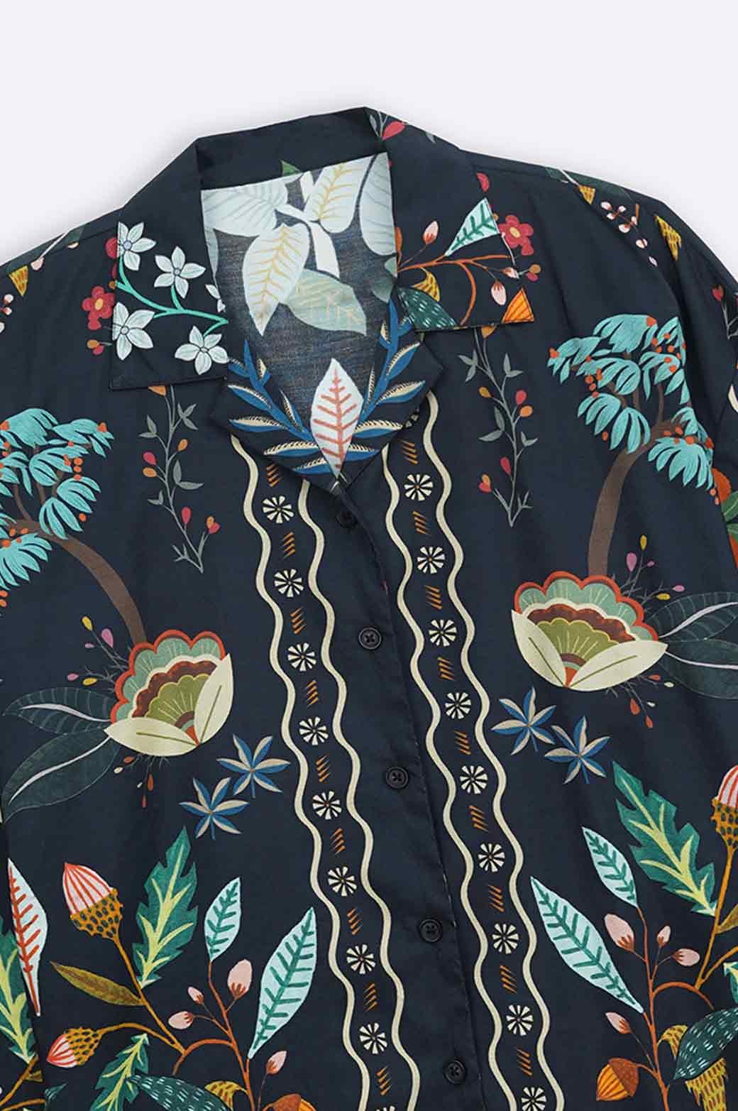 MULTI FOLKLORIC FOREST PRINTED BUTTON DOWN SHIRT