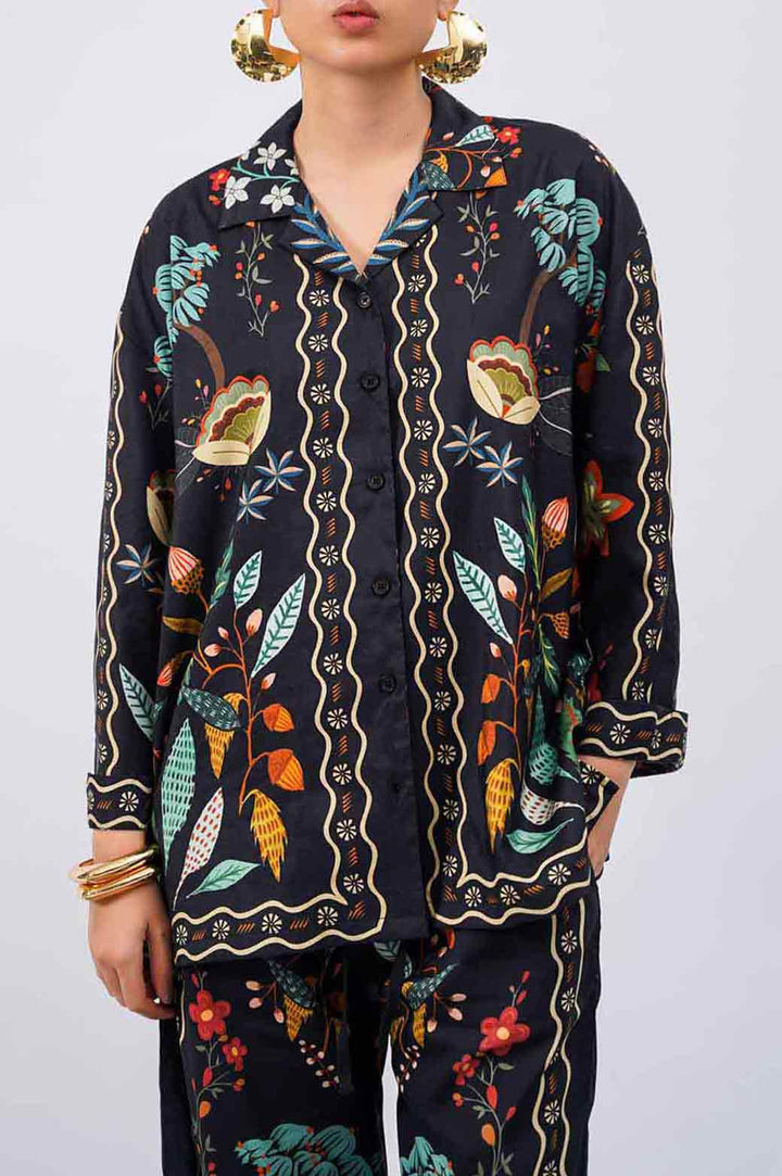 MULTI FOLKLORIC FOREST PRINTED BUTTON DOWN SHIRT