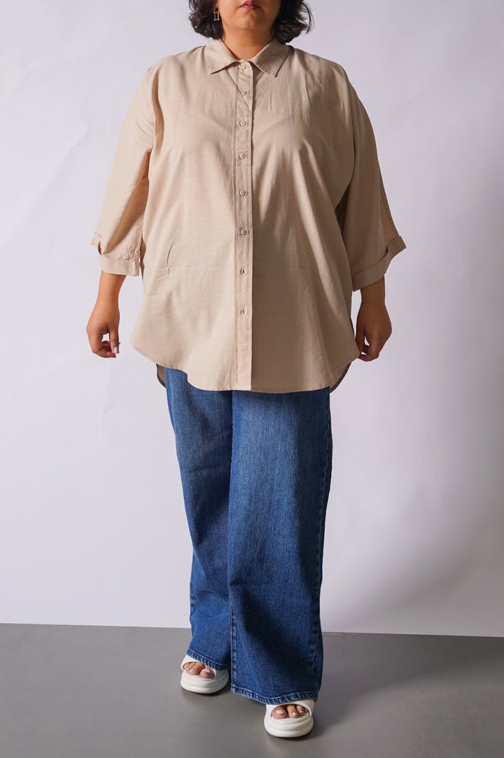 BEIGE CURVE SAFARI LINEN SHIRT