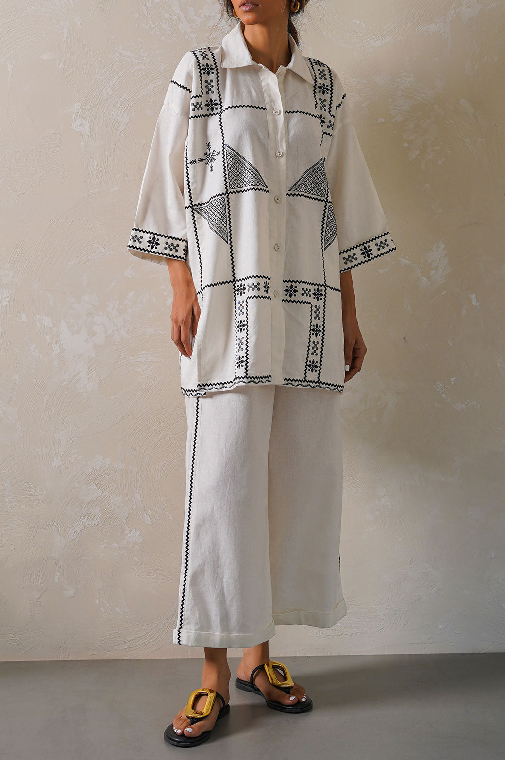 OFF WHITE AZTEC EMBROIDERED LINEN SHIRT