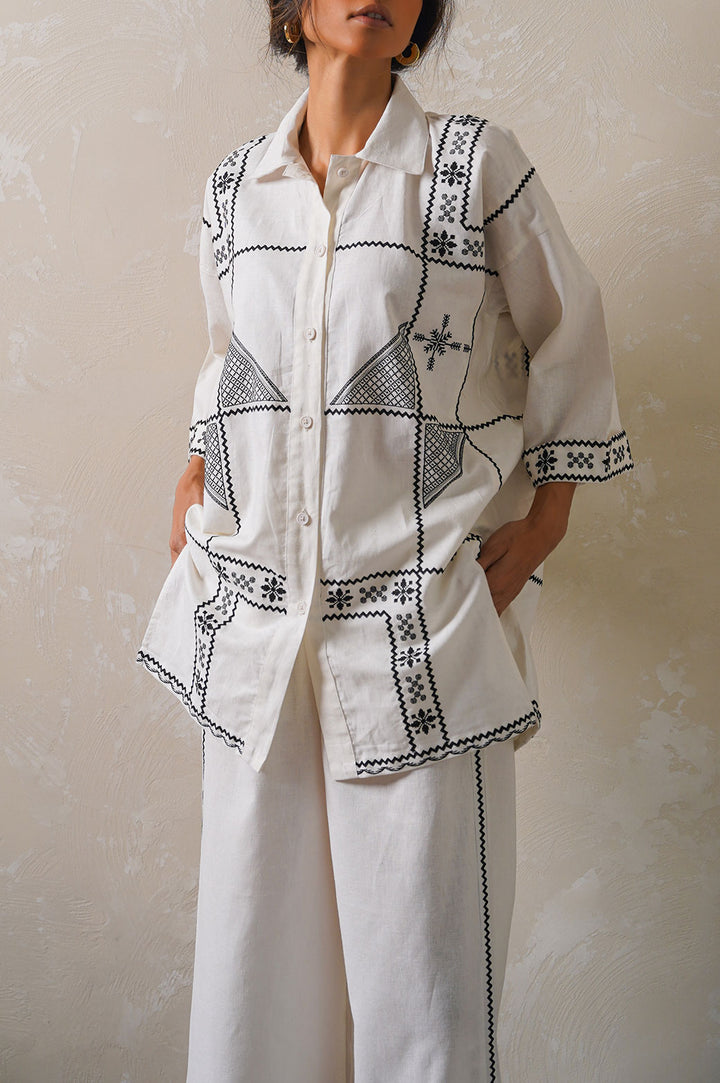 OFF WHITE AZTEC EMBROIDERED LINEN SHIRT