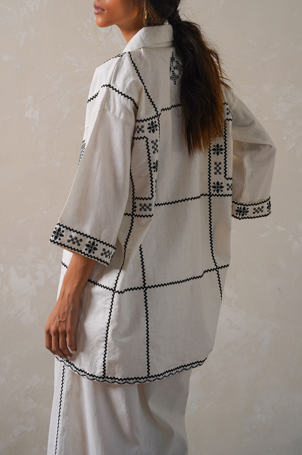 OFF WHITE AZTEC EMBROIDERED LINEN SHIRT