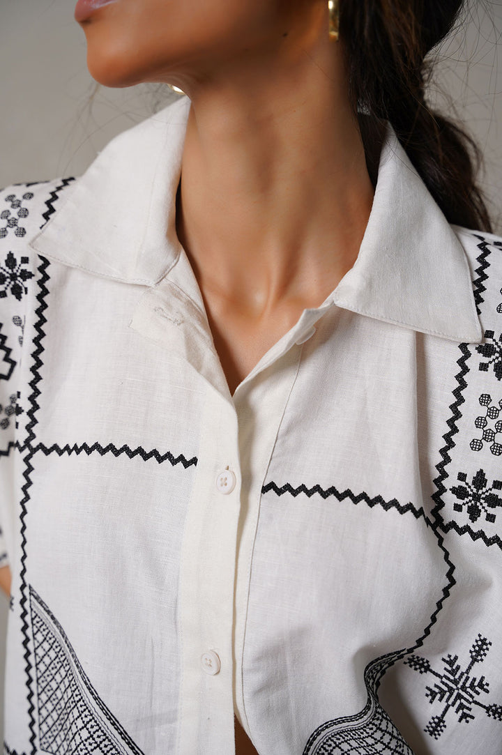 OFF WHITE AZTEC EMBROIDERED LINEN SHIRT