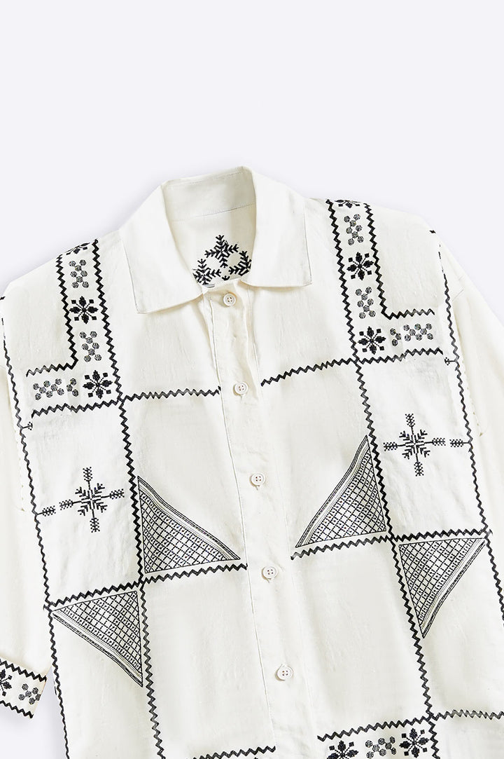 OFF WHITE AZTEC EMBROIDERED LINEN SHIRT