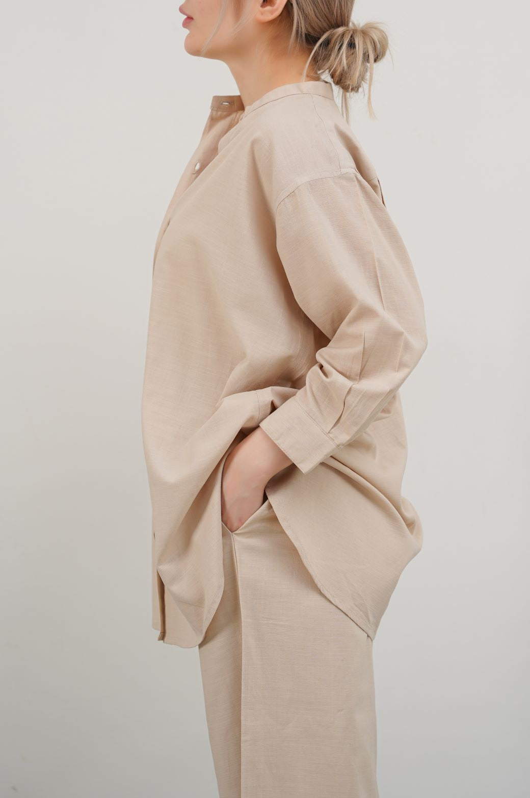 BEIGE BAND COLLAR SHIRT