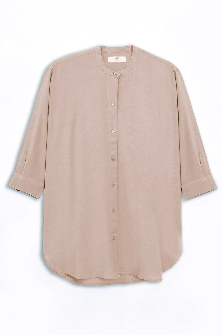 BEIGE BAND COLLAR SHIRT