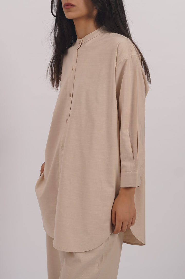 BEIGE BAND COLLAR SHIRT