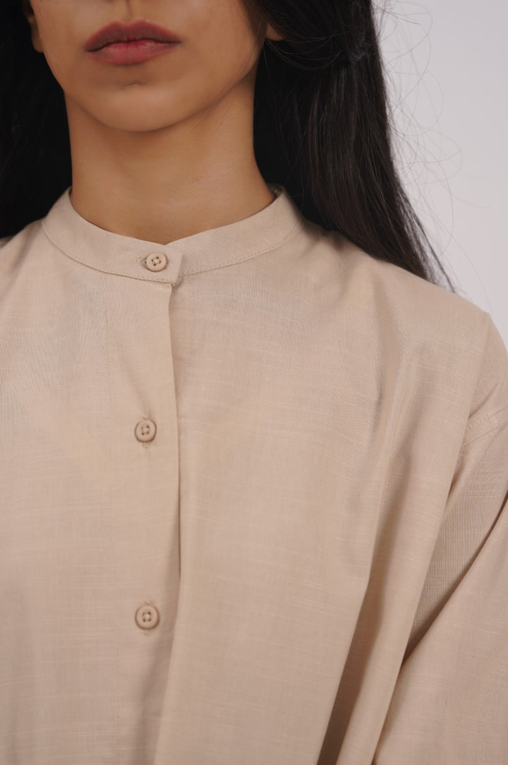 BEIGE BAND COLLAR SHIRT