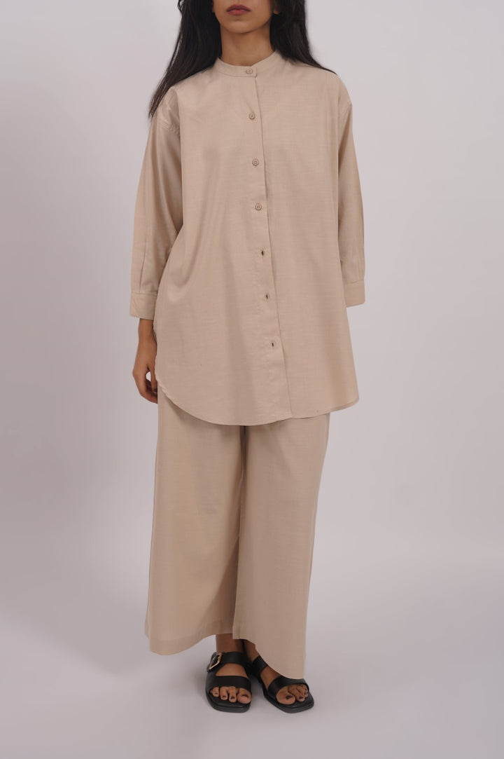 BEIGE BAND COLLAR SHIRT