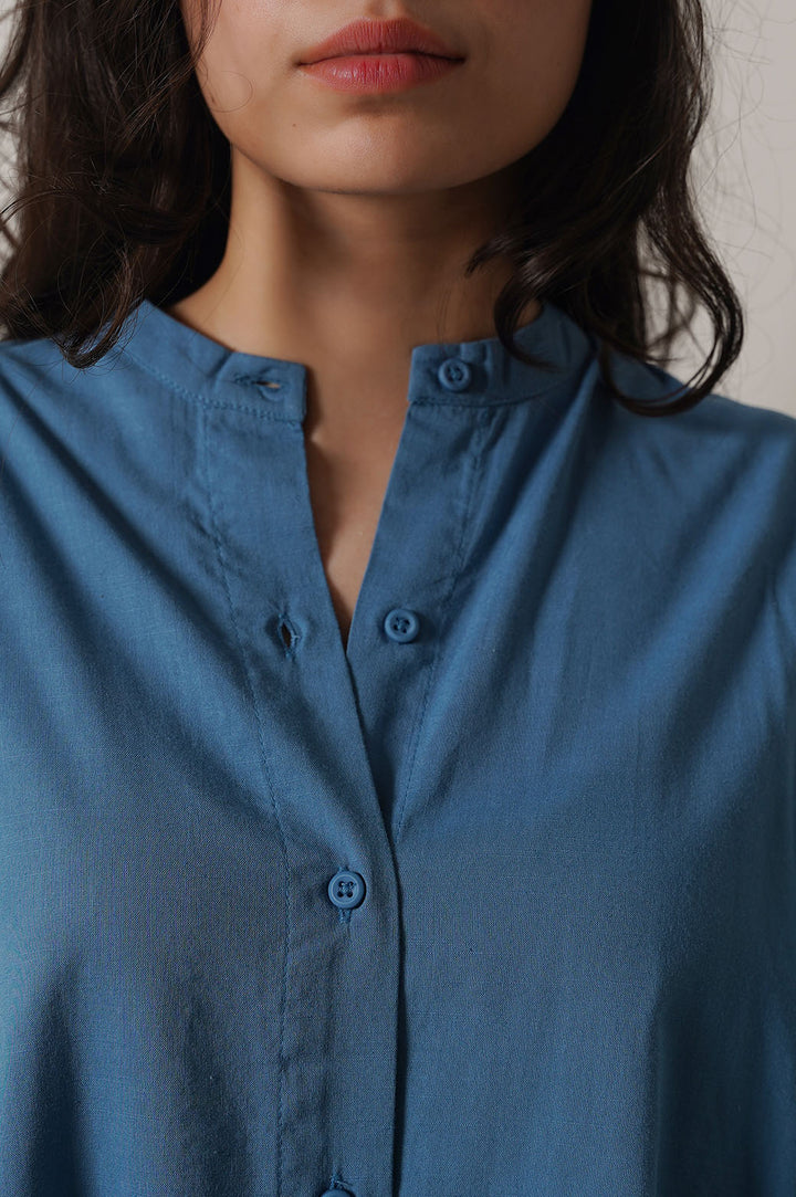 COBALT BLUE BAND COLLAR SHIRT