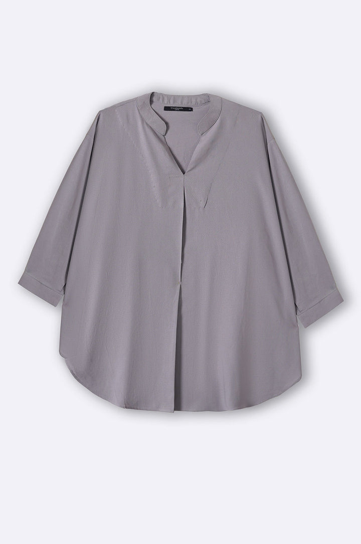 ICE BLUE CURVE LINEN PLEATED BLOUSE