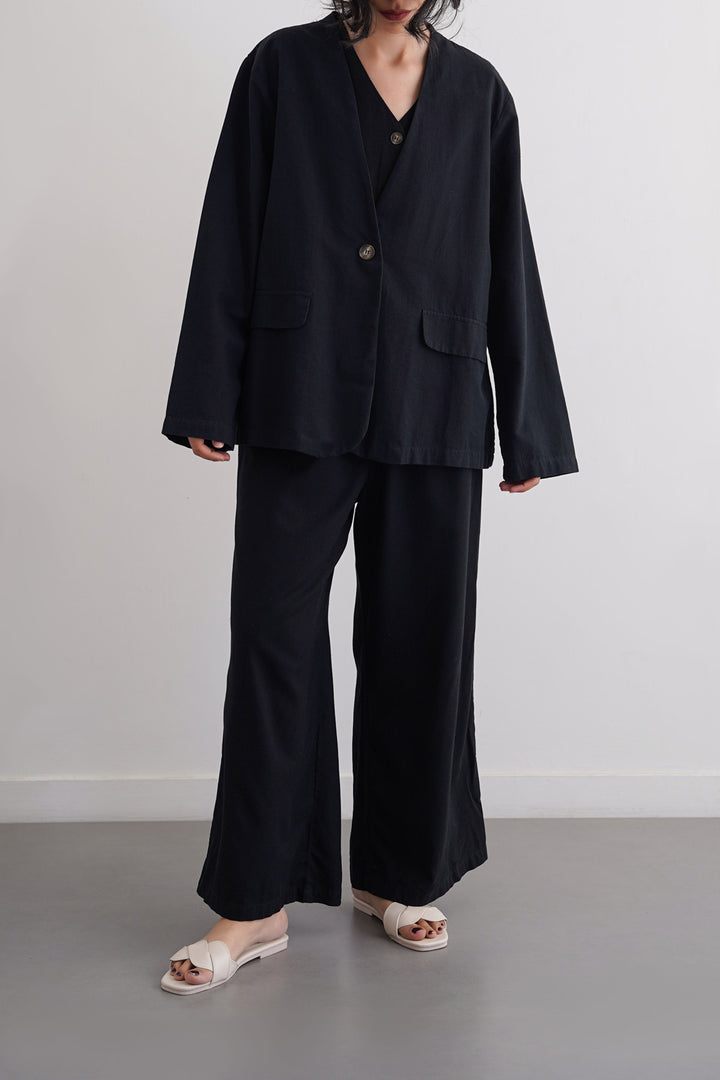 BLACK LINEN EASY TROUSERS