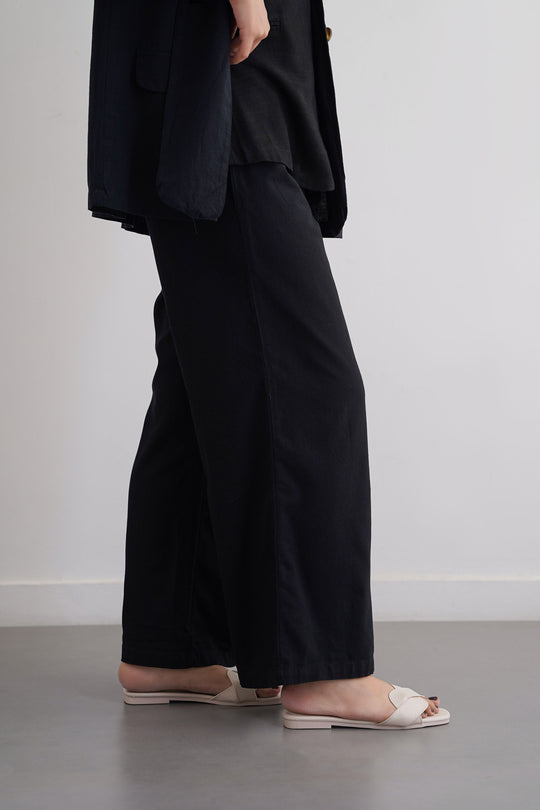 BLACK LINEN EASY TROUSERS