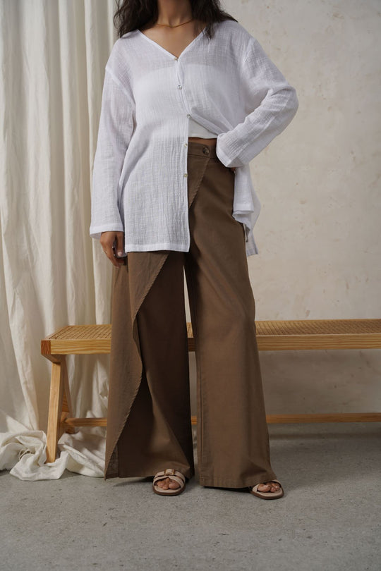 BROWN LINEN WRAP PANTS