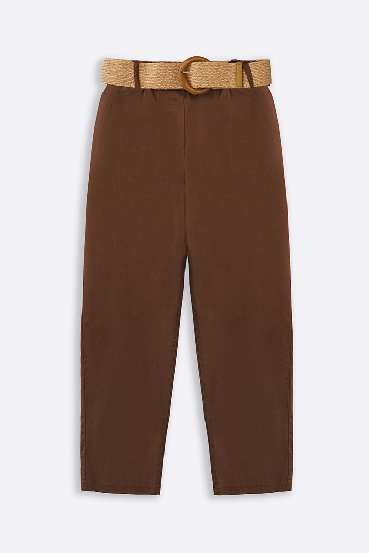 BROWN TAPERED COTTON PANTS WITH BELT