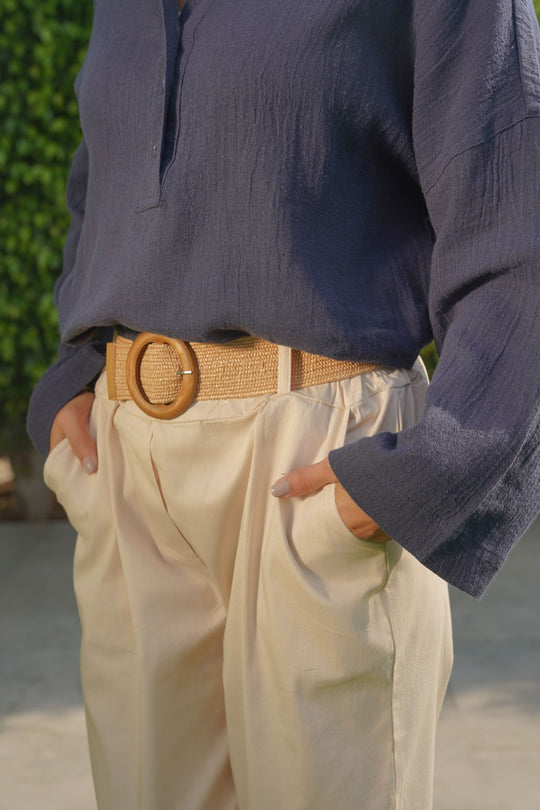 CREAM TAPERED COTTON PANTS WITH BELT