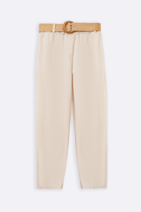 CREAM TAPERED COTTON PANTS WITH BELT