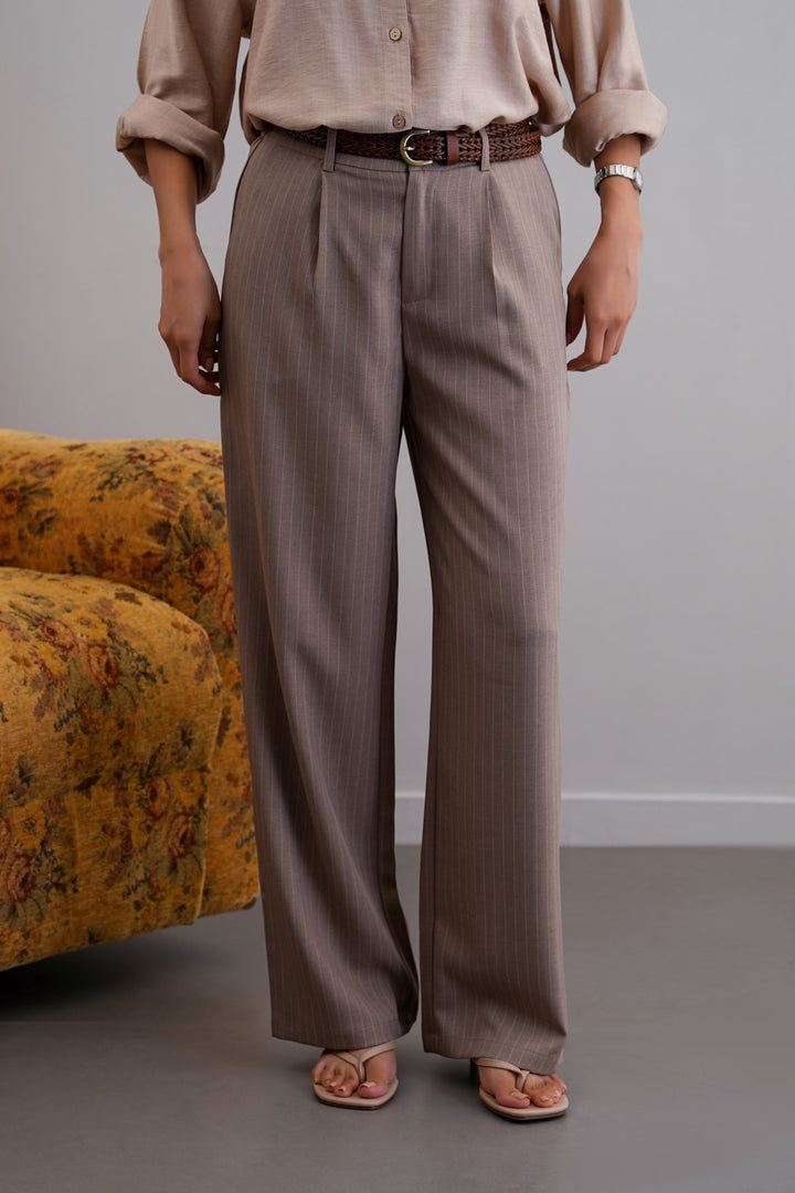 BEIGE TAILORED PINSTRIPE PANTS