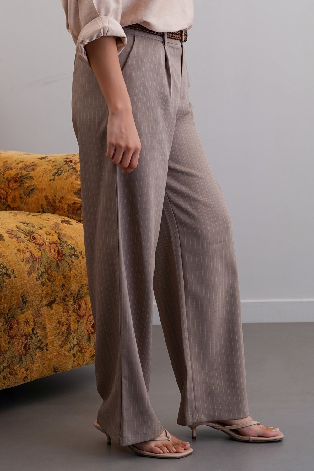 BEIGE TAILORED PINSTRIPE PANTS