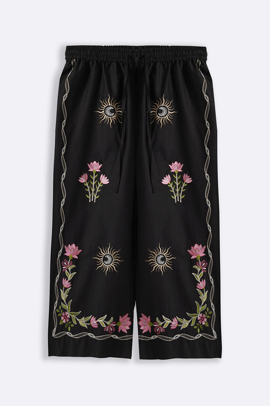 BLACK COSMOS EMBROIDERED PANTS