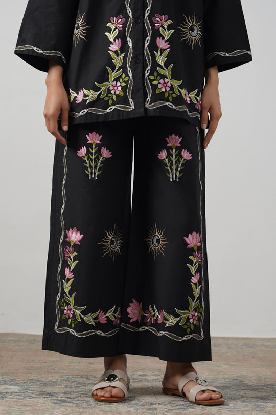 BLACK COSMOS EMBROIDERED PANTS