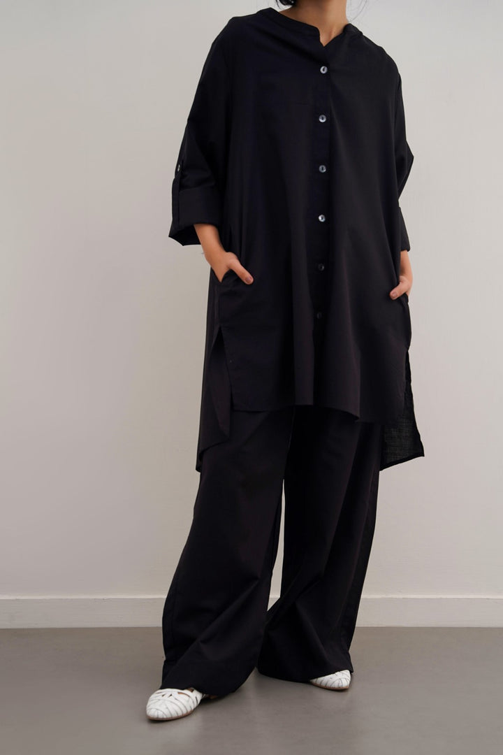 BLACK COTTON FLARE PANTS