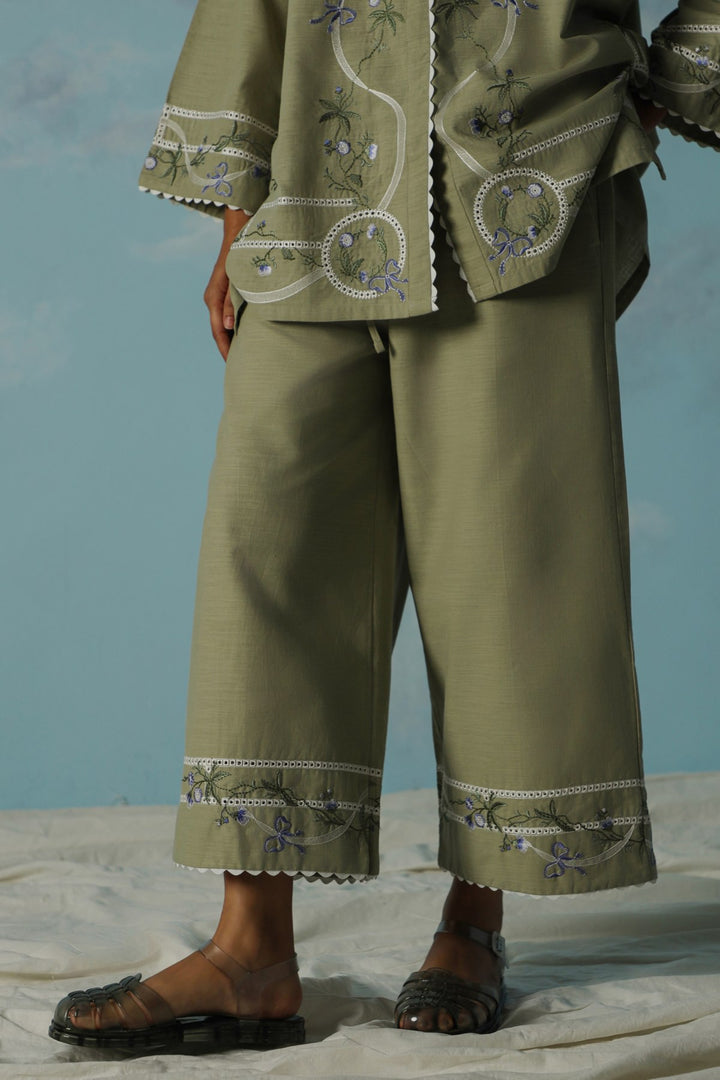 LIGHT GREEN VIOLET AND SAGE EMBROIDERED CULOTTE