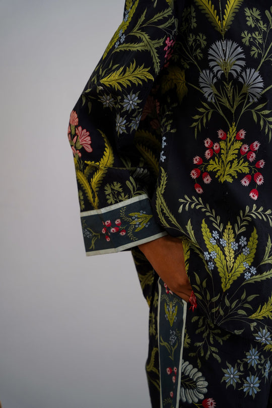 BLACK BOTANICAL EMBROIDERED PANTS