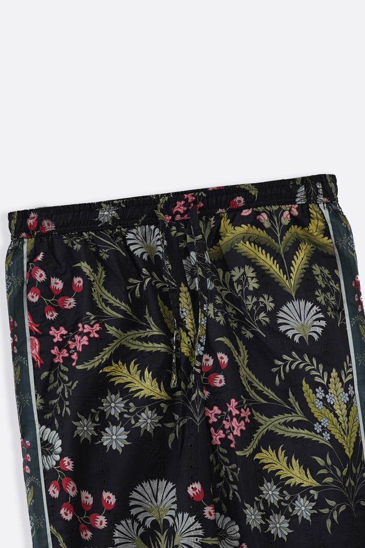 BLACK BOTANICAL EMBROIDERED PANTS