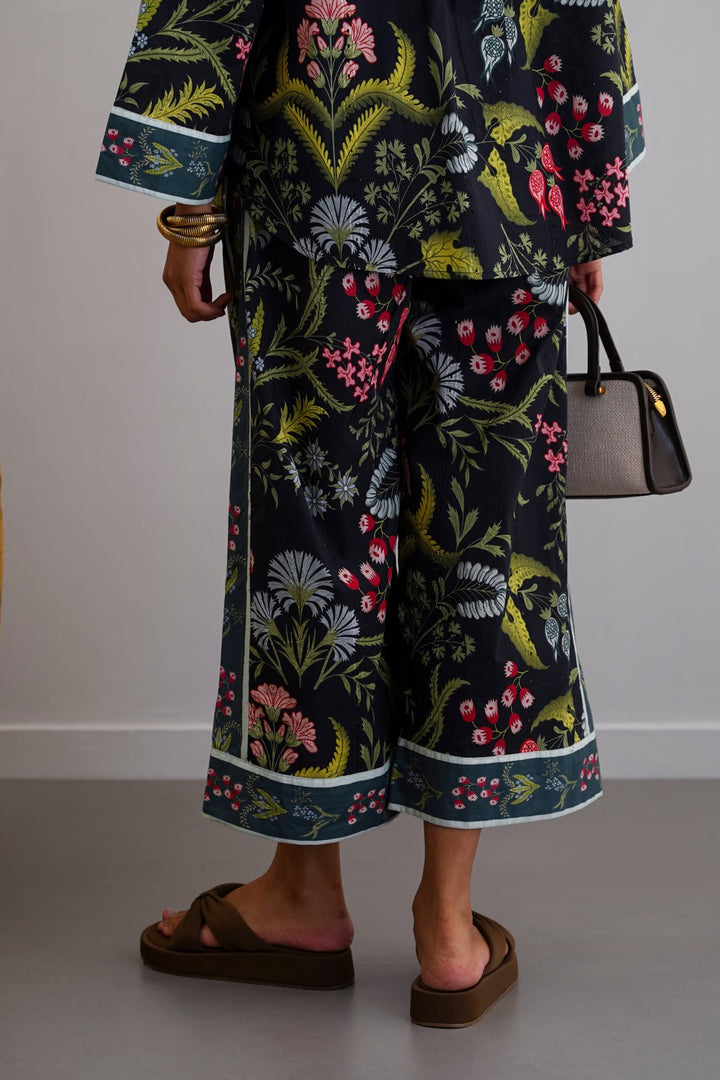 BLACK BOTANICAL EMBROIDERED PANTS