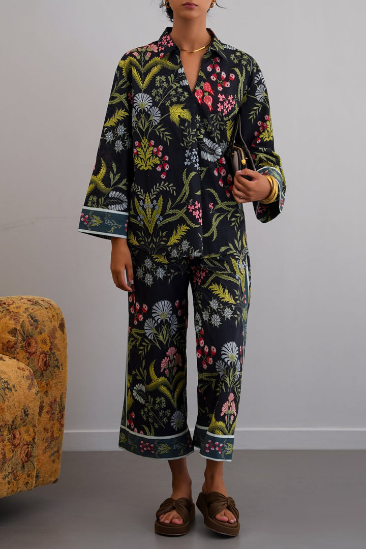 BLACK BOTANICAL EMBROIDERED PANTS