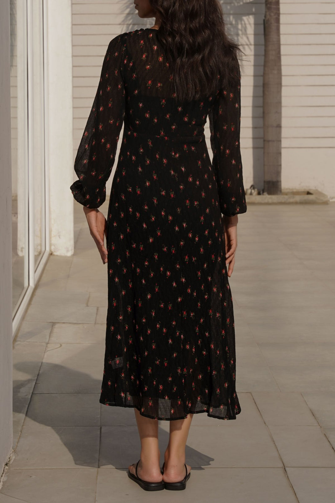 BLACK PRINTED MIDI DRESS